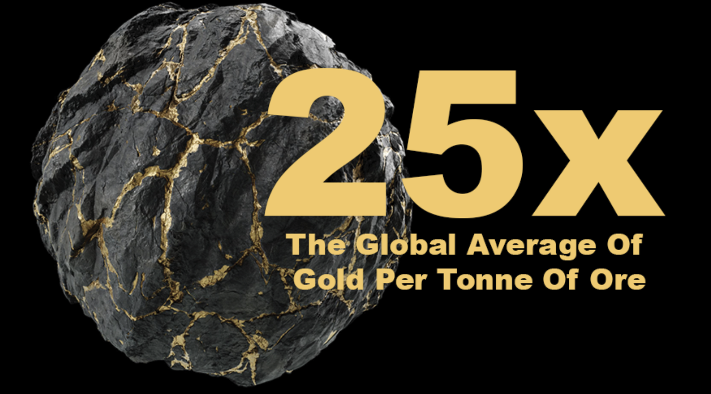 Gold-veined rock: 25x the global average of gold per tonne of ore